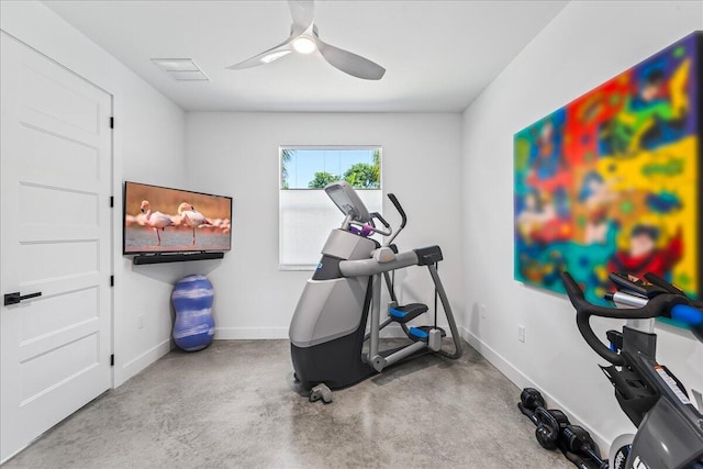 workout room with carpet and ceiling fan