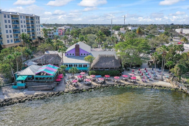 bird's eye view with a water view