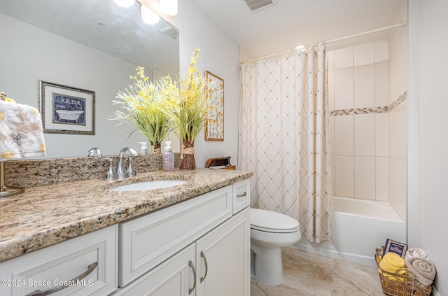 full bathroom featuring tile patterned flooring, vanity, toilet, and shower / bathtub combination with curtain