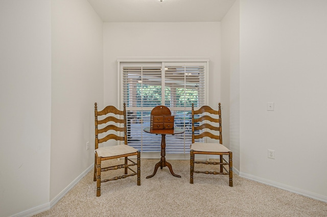 living area featuring light carpet