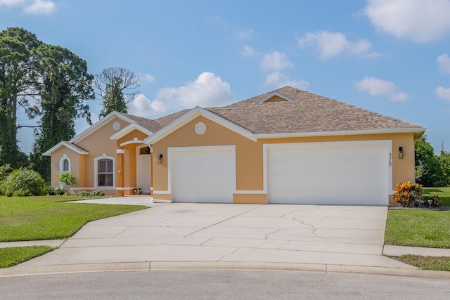 ranch-style home with a garage and a front lawn