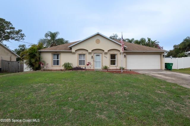 single story home with a garage and a front yard