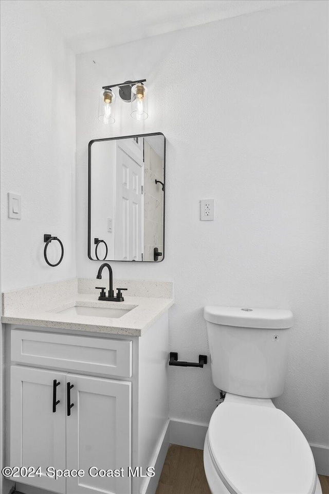 bathroom with wood-type flooring, vanity, and toilet