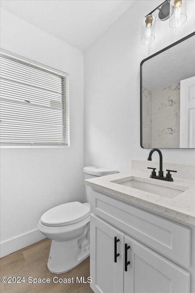 bathroom with hardwood / wood-style flooring, vanity, and toilet