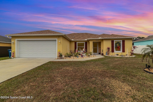 single story home featuring a garage and a lawn