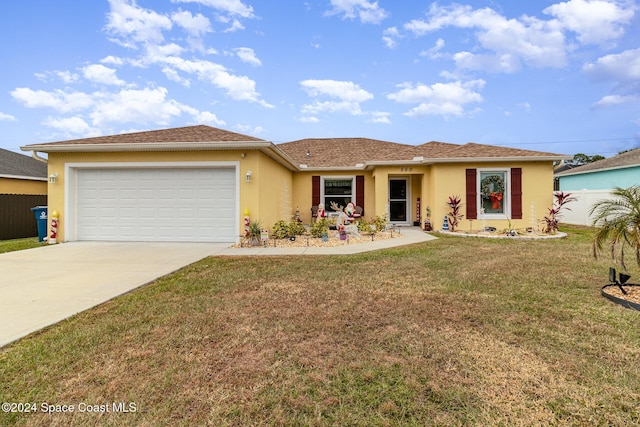 ranch-style house with a garage and a front yard