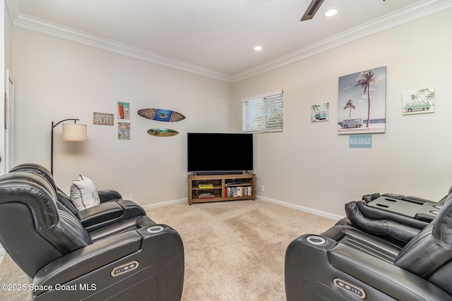 living room featuring light carpet and ornamental molding