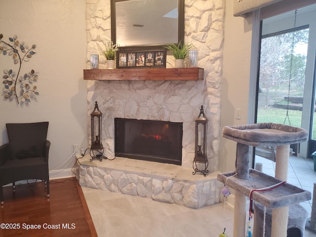 living room featuring hardwood / wood-style flooring and a stone fireplace