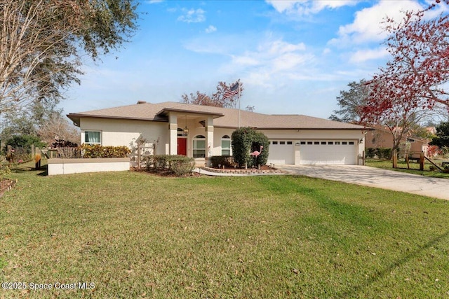 view of front of property with a garage and a front lawn