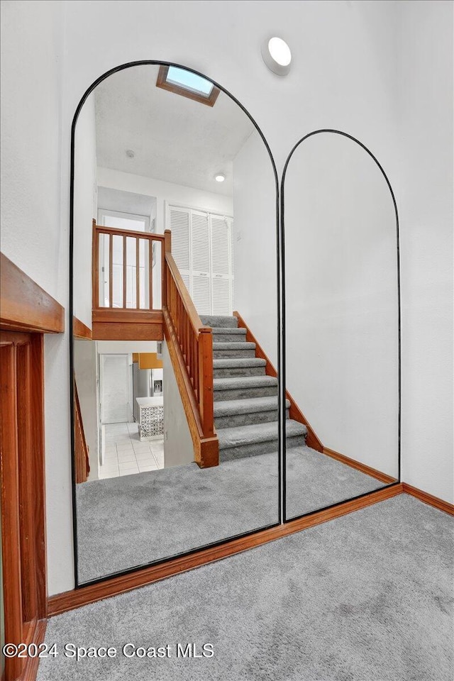 staircase with carpet flooring and a skylight