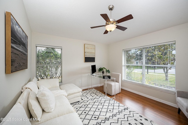 living room featuring ceiling fan, plenty of natural light, and light hardwood / wood-style floors