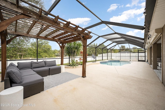 view of swimming pool with an outdoor living space, glass enclosure, a pergola, and a patio