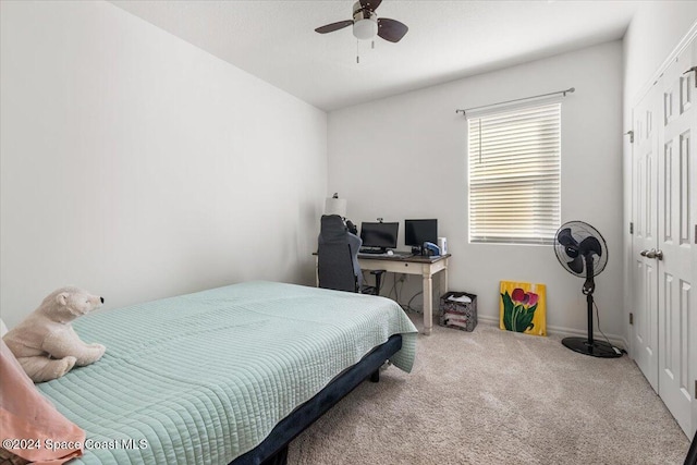 bedroom featuring carpet, a closet, and ceiling fan