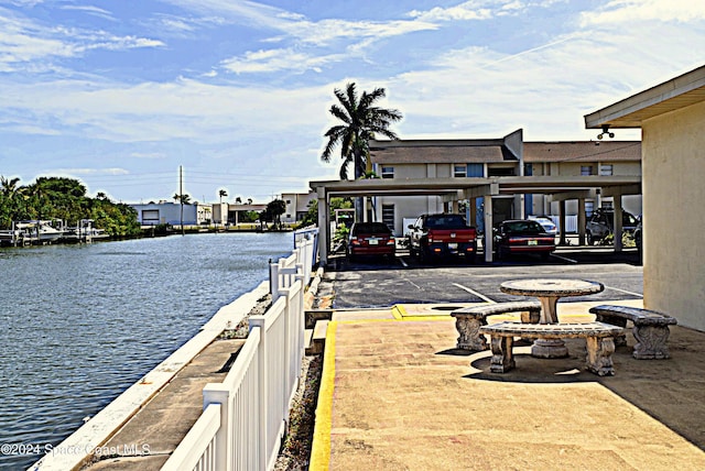 exterior space with a water view