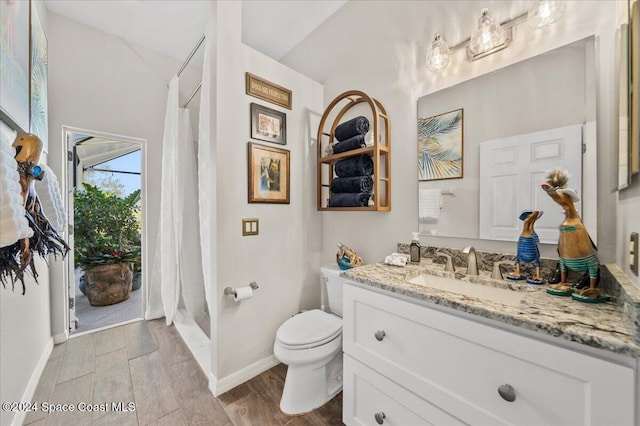 bathroom featuring hardwood / wood-style floors, vanity, toilet, and walk in shower