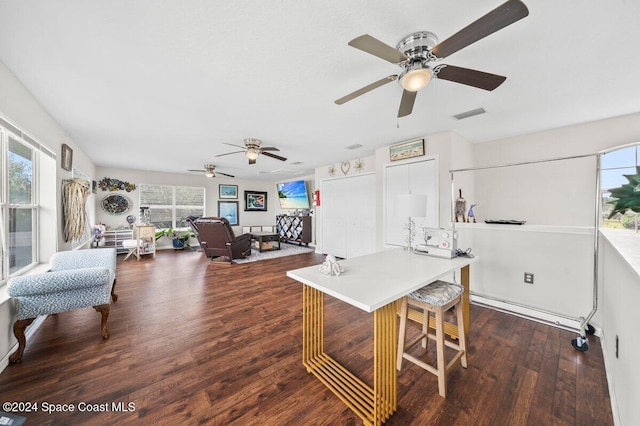 interior space with ceiling fan, dark wood-type flooring, and a baseboard radiator