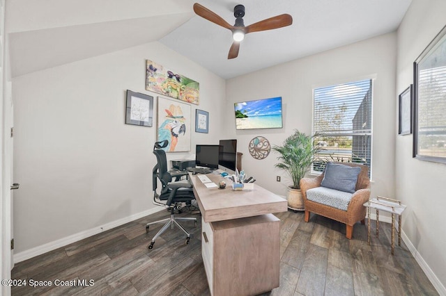 office area with dark hardwood / wood-style floors, vaulted ceiling, and ceiling fan