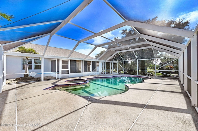 view of swimming pool featuring an in ground hot tub, glass enclosure, a patio area, and a sunroom