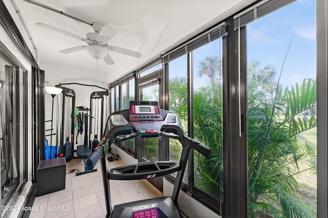 workout area featuring ceiling fan