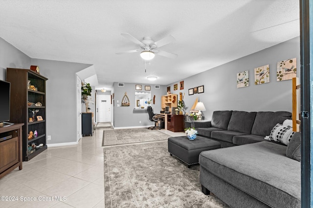 737 Palm Springs Cir, Indian Harbour Beach, FL 32937 - living area with a ceiling fan, light tile patterned flooring, a textured ceiling, and an office area