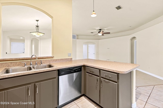 kitchen with dishwasher, sink, ceiling fan, gray cabinets, and decorative light fixtures