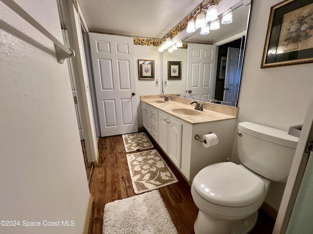 bathroom with vanity, wood-type flooring, and toilet