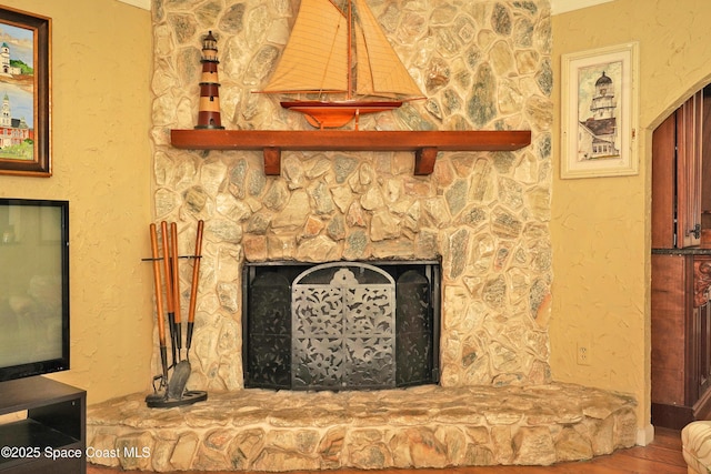 interior details with a fireplace