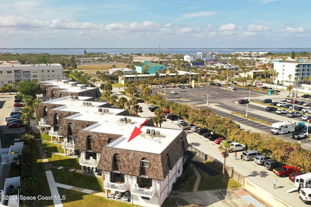 aerial view featuring a water view