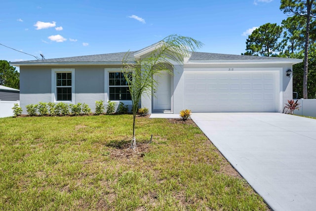 ranch-style home with a garage and a front lawn