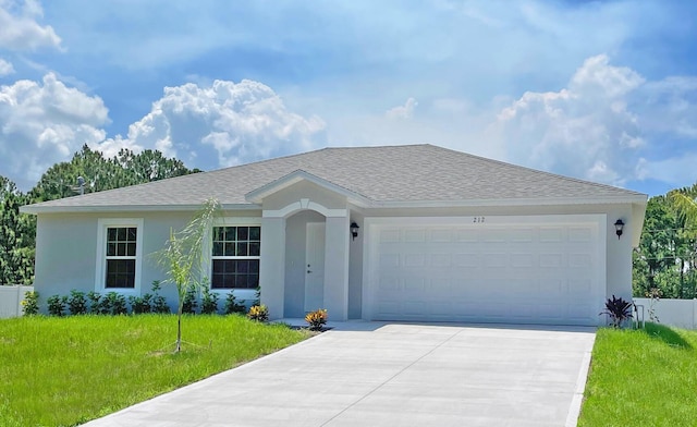 ranch-style house with a garage and a front lawn