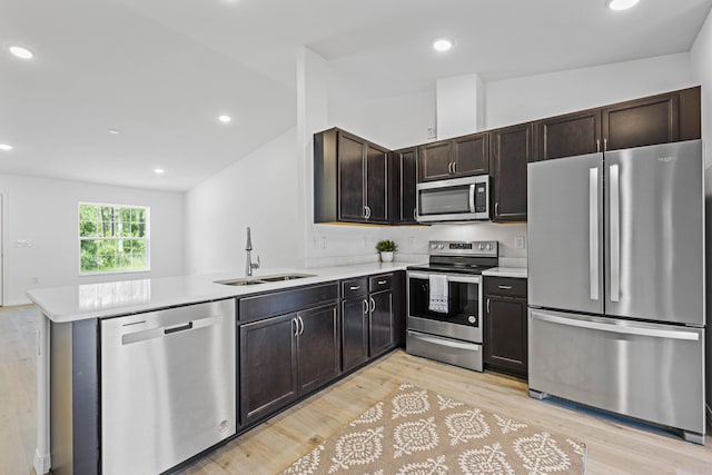 kitchen with kitchen peninsula, stainless steel appliances, lofted ceiling, and sink