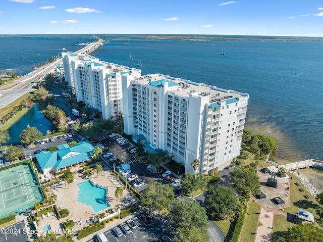 drone / aerial view featuring a water view