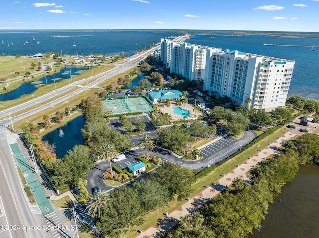 aerial view featuring a water view