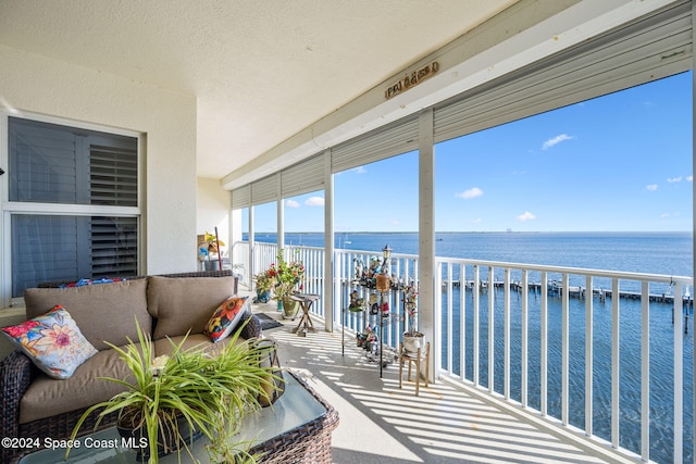 interior space with a water view