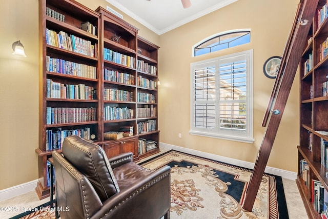 living area featuring light tile patterned floors, ornamental molding, and ceiling fan