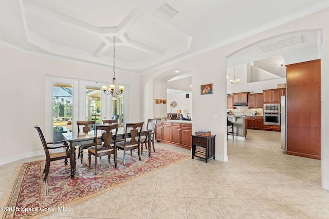 dining area with ornamental molding, coffered ceiling, light tile patterned floors, and a notable chandelier