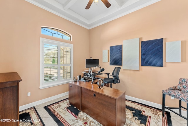 office space featuring crown molding, ceiling fan, coffered ceiling, light tile patterned flooring, and beamed ceiling