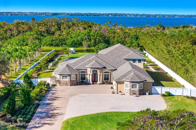 drone / aerial view featuring a water view