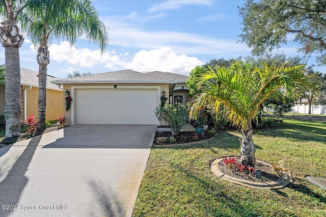 single story home with a garage and a front lawn