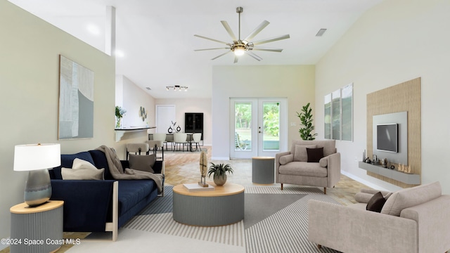 living room with ceiling fan, french doors, and carpet floors