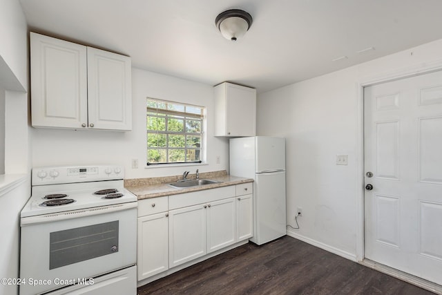 kitchen with white cabinetry, sink, dark wood-type flooring, and white appliances