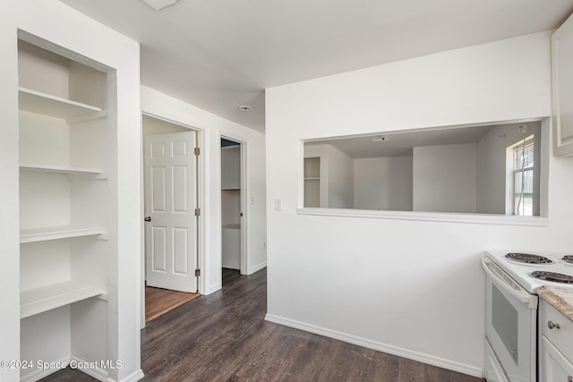 kitchen with white electric range oven and dark hardwood / wood-style flooring