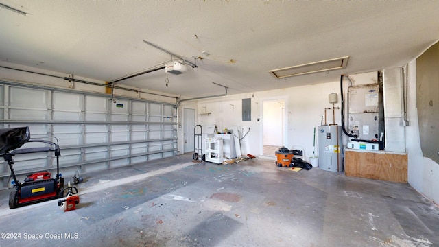 garage featuring electric water heater, electric panel, a garage door opener, and heating unit