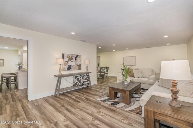 living room with a textured ceiling and hardwood / wood-style flooring