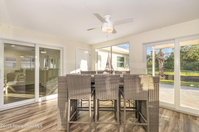 sunroom / solarium featuring ceiling fan