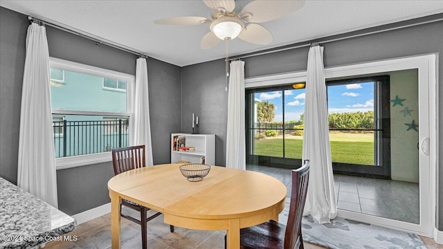 dining area with ceiling fan and wood-type flooring