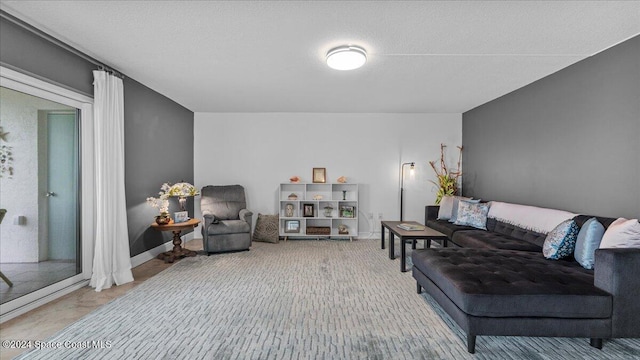 living room featuring a textured ceiling