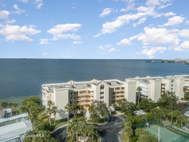 aerial view featuring a water view