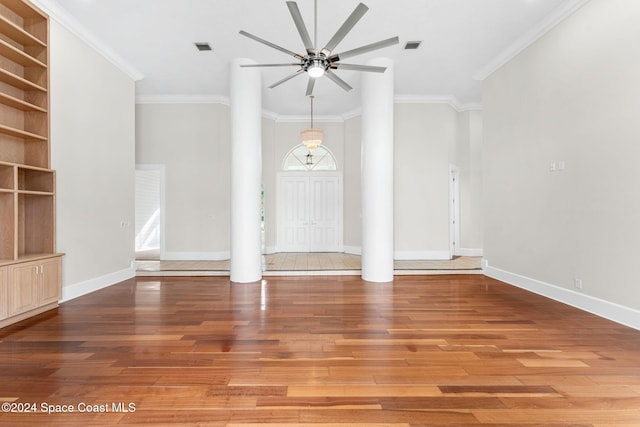 unfurnished living room with ceiling fan, light hardwood / wood-style flooring, and ornamental molding