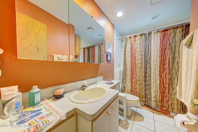 bathroom featuring tile patterned flooring, vanity, toilet, and a shower with curtain